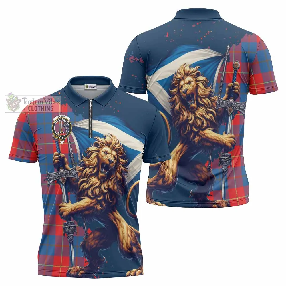 Blane Tartan Family Crest Zipper Polo Shirt with Scottish Majestic Lion