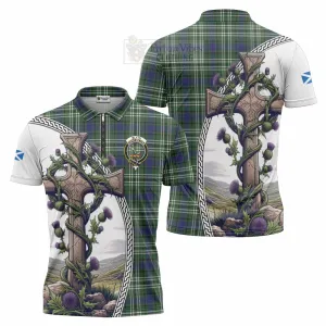 Blyth Tartan Zipper Polo Shirt with Family Crest and St. Andrew's Cross Accented by Thistle Vines