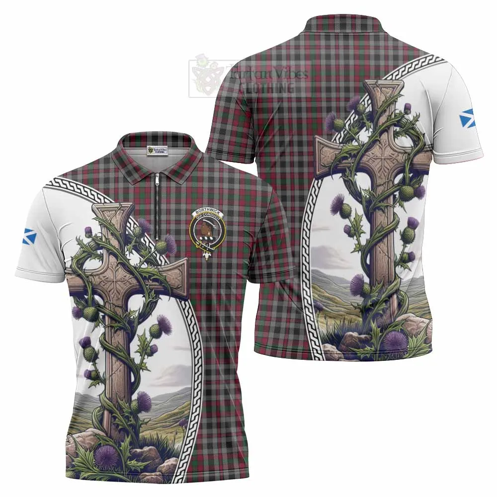 Borthwick Tartan Zipper Polo Shirt with Family Crest and St. Andrew's Cross Accented by Thistle Vines