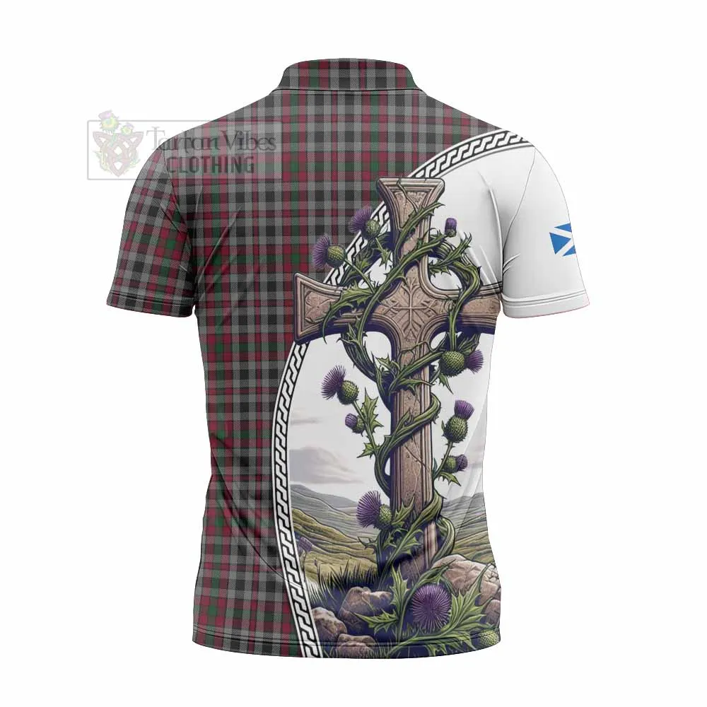 Borthwick Tartan Zipper Polo Shirt with Family Crest and St. Andrew's Cross Accented by Thistle Vines