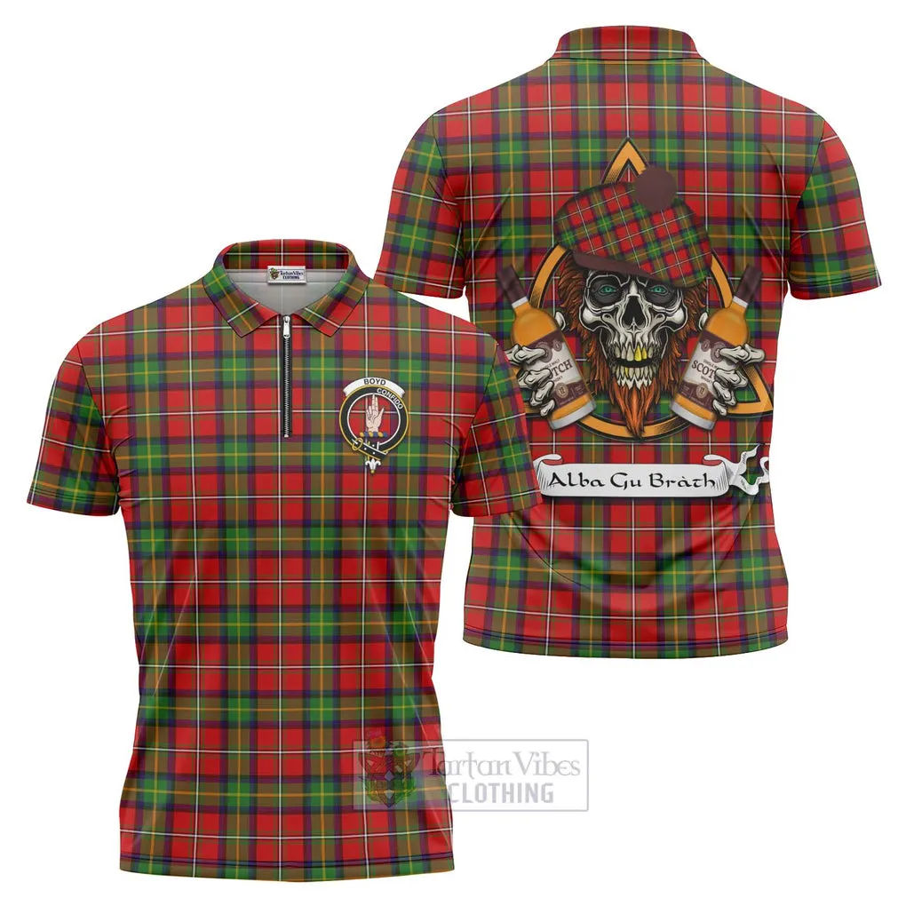 Boyd Tartan Zipper Polo Shirt with Family Crest and Bearded Skull Holding Bottles of Whiskey