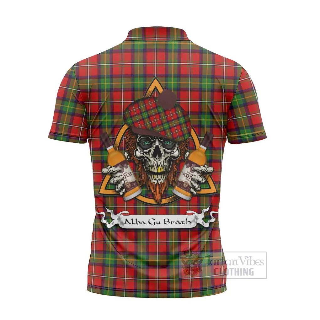 Boyd Tartan Zipper Polo Shirt with Family Crest and Bearded Skull Holding Bottles of Whiskey