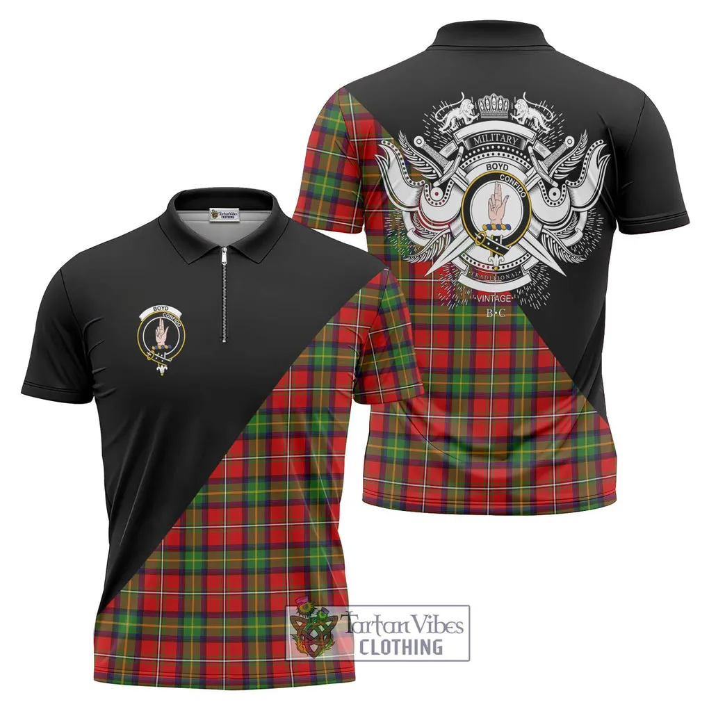 Boyd Tartan Zipper Polo Shirt with Family Crest and Military Logo Style