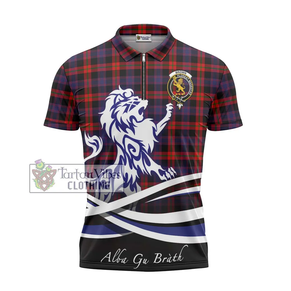 Brown (Broun) Tartan Zipper Polo Shirt with Alba Gu Brath Regal Lion Emblem