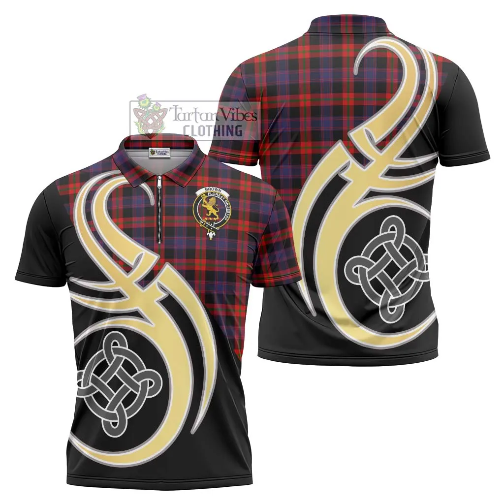 Brown (Broun) Tartan Zipper Polo Shirt with Family Crest and Celtic Symbol Style