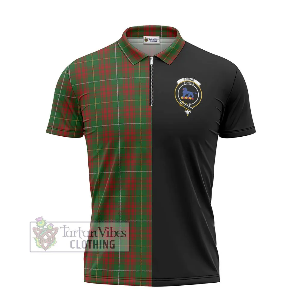 Bruce Hunting Tartan Zipper Polo Shirt with Family Crest and Half Of Me Style