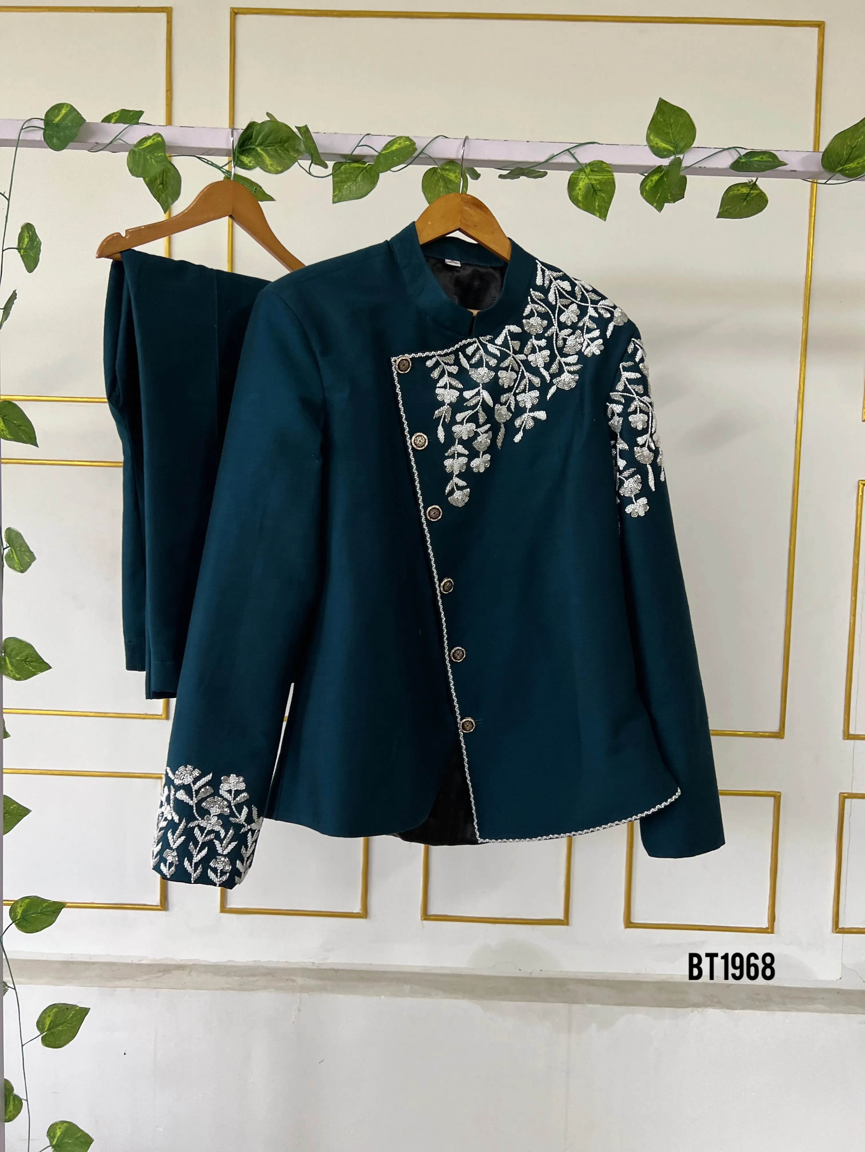 BT1968 Teal Green Regal Embroidered Jacket Set for Dad – Elegance in Every Stitch 💚✨