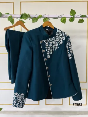 BT1968 Teal Green Regal Embroidered Jacket Set for Dad – Elegance in Every Stitch 💚✨