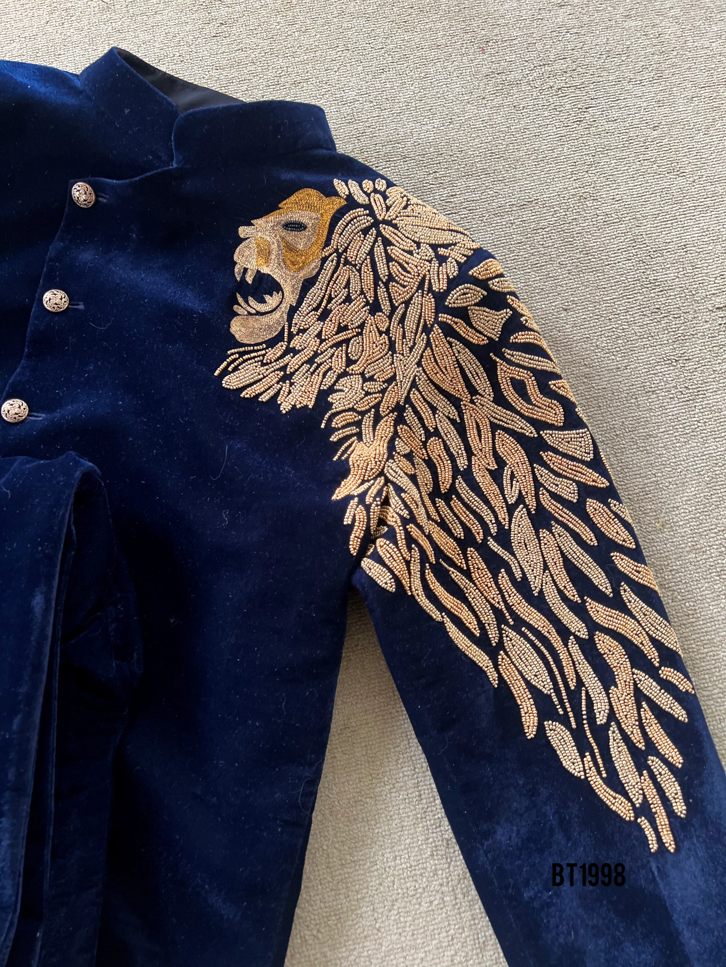 BT1998 Majestic Lion Embroidered Navy Velvet Suit for Dad – Command the Spotl