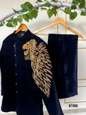 BT1998 Majestic Lion Embroidered Navy Velvet Suit for Dad – Command the Spotl