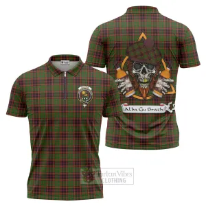 Buchan Tartan Zipper Polo Shirt with Family Crest and Bearded Skull Holding Bottles of Whiskey