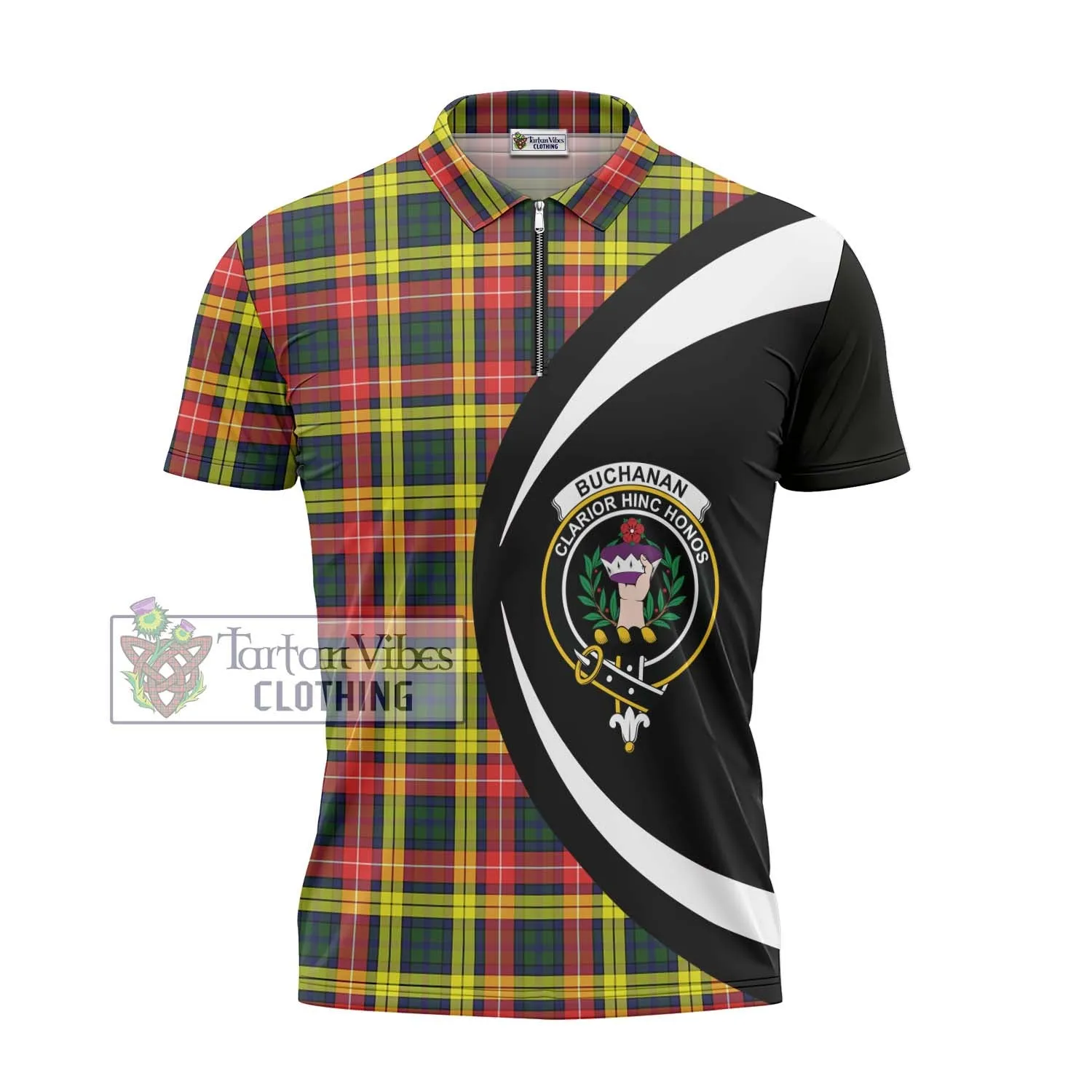 Buchanan Modern Tartan Zipper Polo Shirt with Family Crest Circle Style