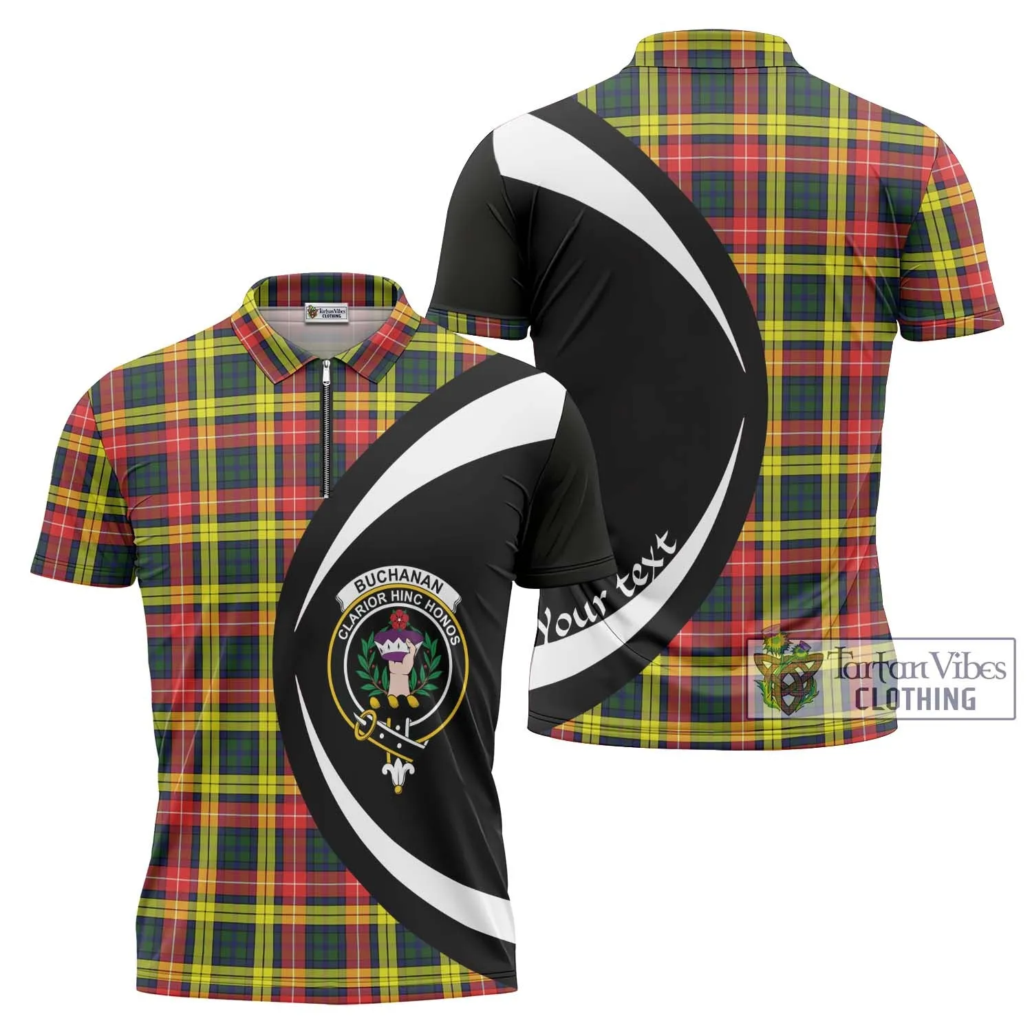 Buchanan Modern Tartan Zipper Polo Shirt with Family Crest Circle Style