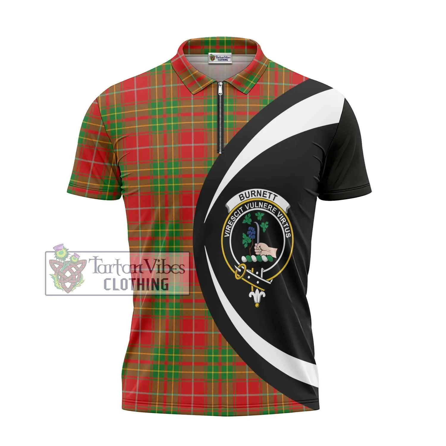 Burnett Tartan Zipper Polo Shirt with Family Crest Circle Style