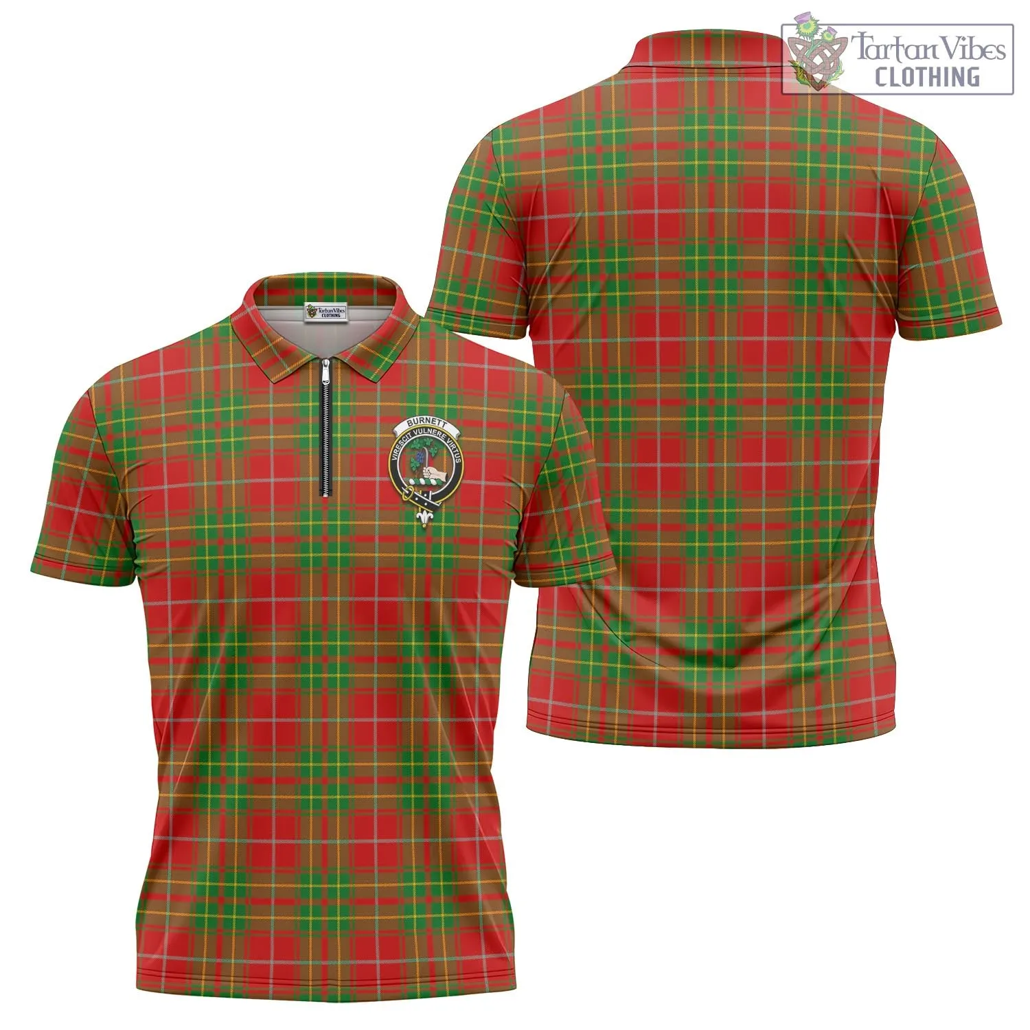 Burnett Tartan Zipper Polo Shirt with Family Crest