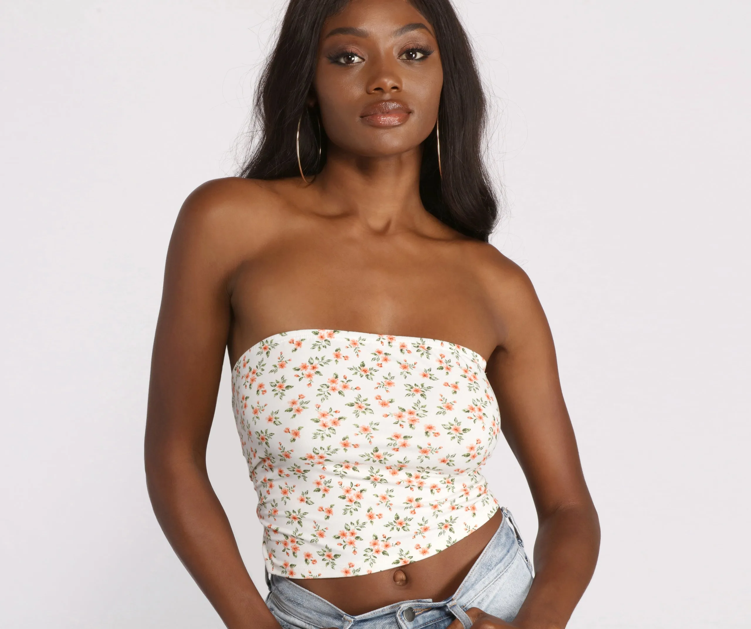 Cropped Brushed Knit Ditsy Tube Top