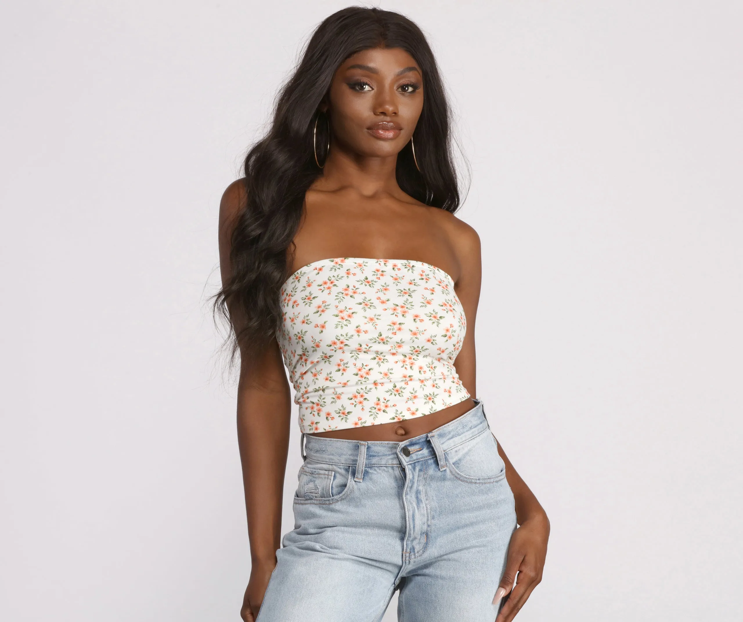 Cropped Brushed Knit Ditsy Tube Top