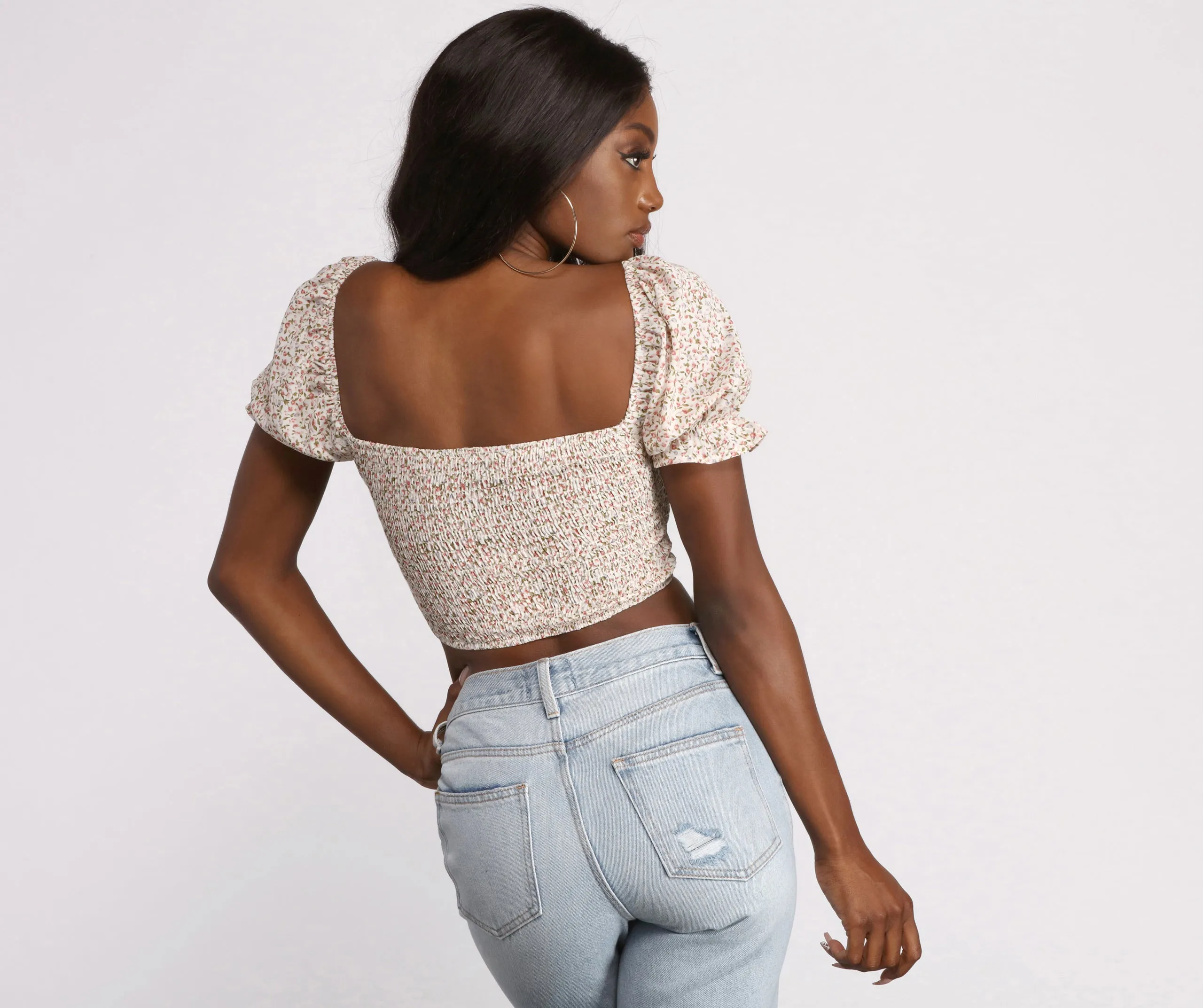 Cropped Floral Ditsy Puff Sleeve Top