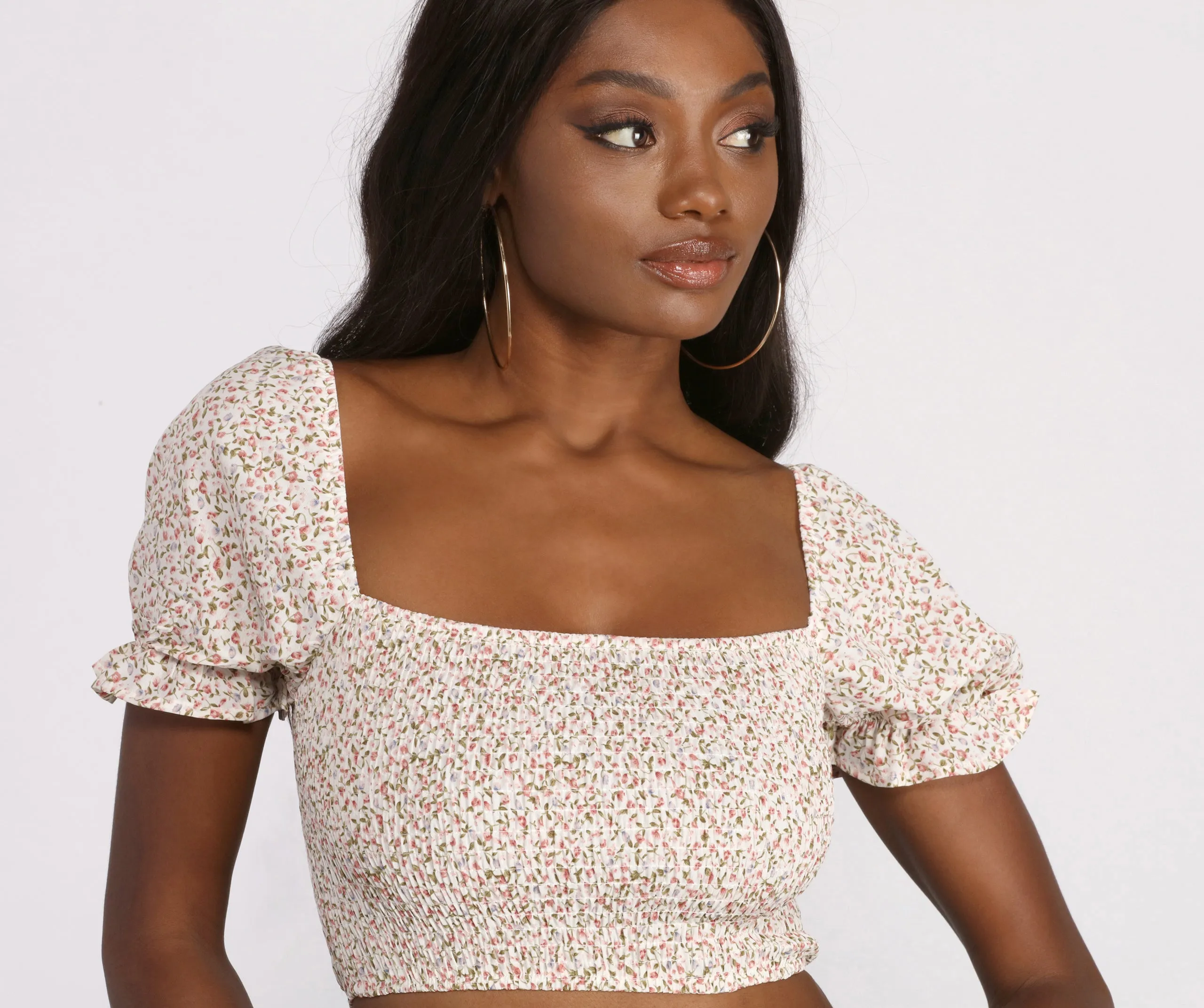 Cropped Floral Ditsy Puff Sleeve Top