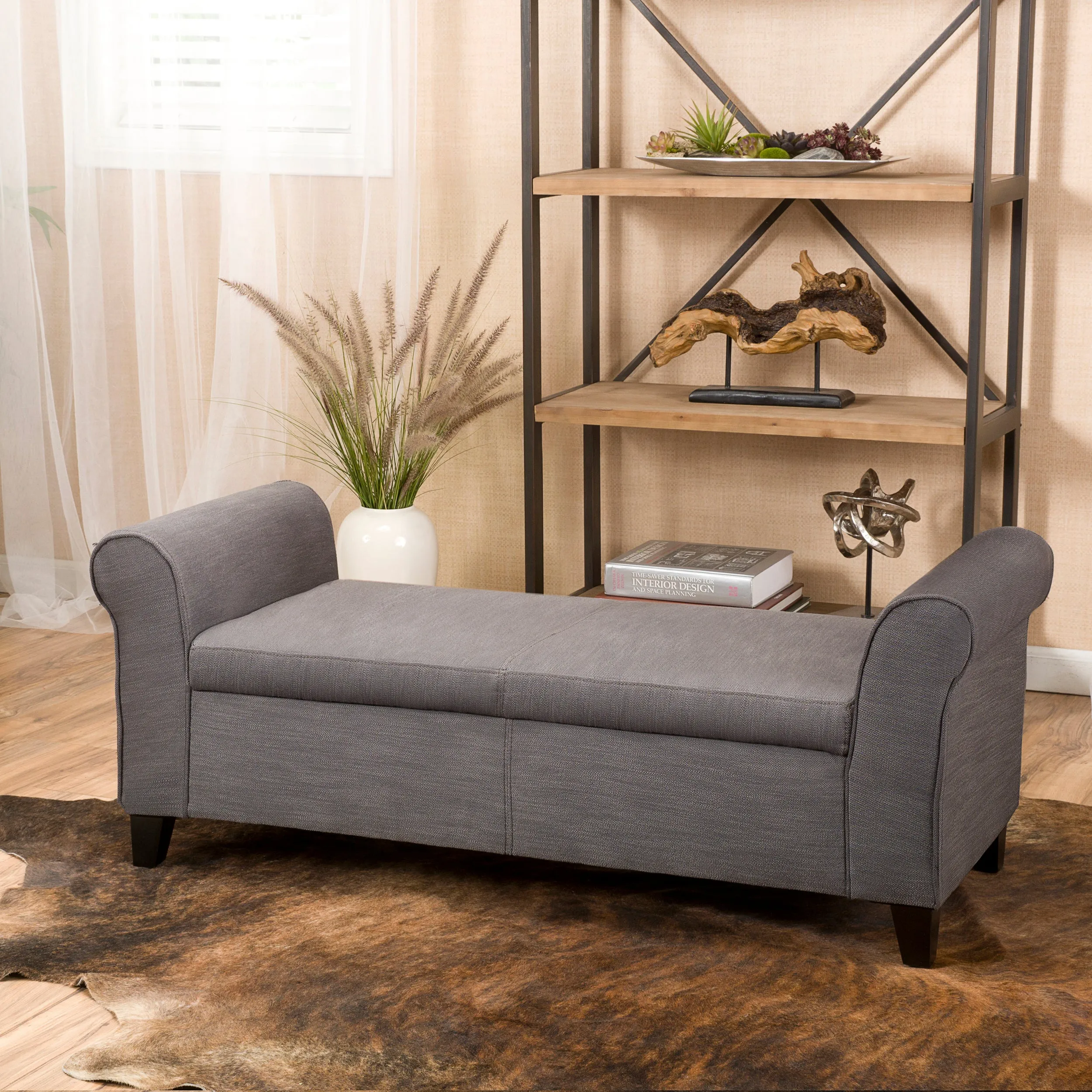 Danbury Contemporary Fabric Upholstered Storage Ottoman Bench with Rolled Arms