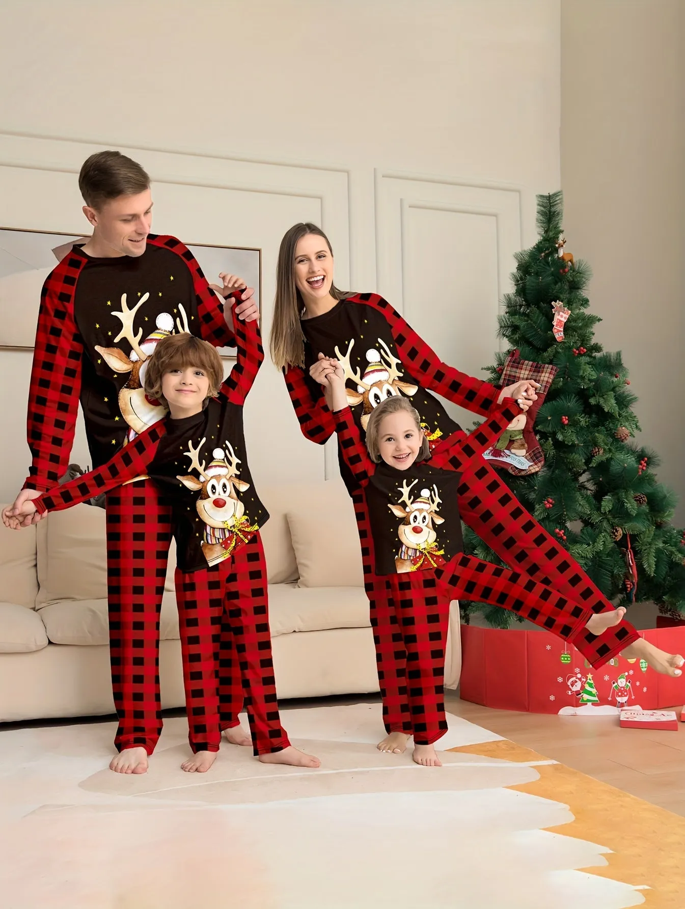 Deer Cartoon Printed Festival New Checkered Christmas Day Set, Dad, Children And Parent Child Set