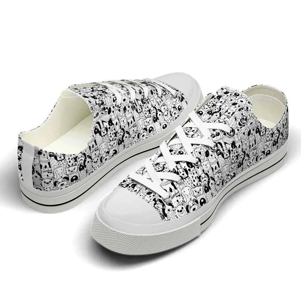 Dog Black White Doodle Pattern Low Top Shoes - Happy International Dog Day Canvas Sneaker, Dog Printed Shoes, Canvas Shoes For Men, Women