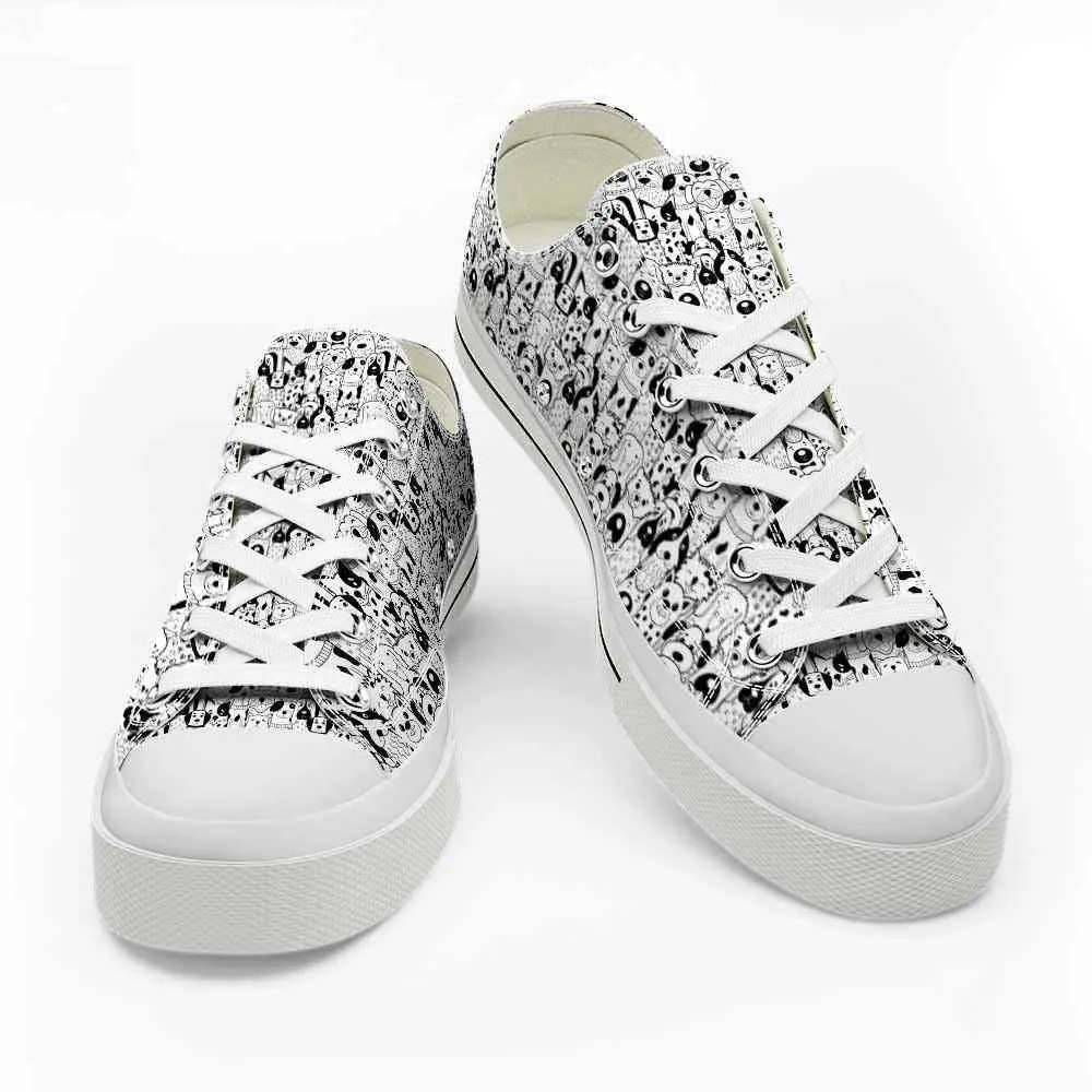 Dog Black White Doodle Pattern Low Top Shoes - Happy International Dog Day Canvas Sneaker, Dog Printed Shoes, Canvas Shoes For Men, Women