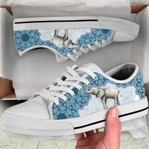 Elephant Watercolor Mandala Blue Low Top Canvas Print Shoes, Animal Print Canvas Shoes, Print On Canvas Shoes