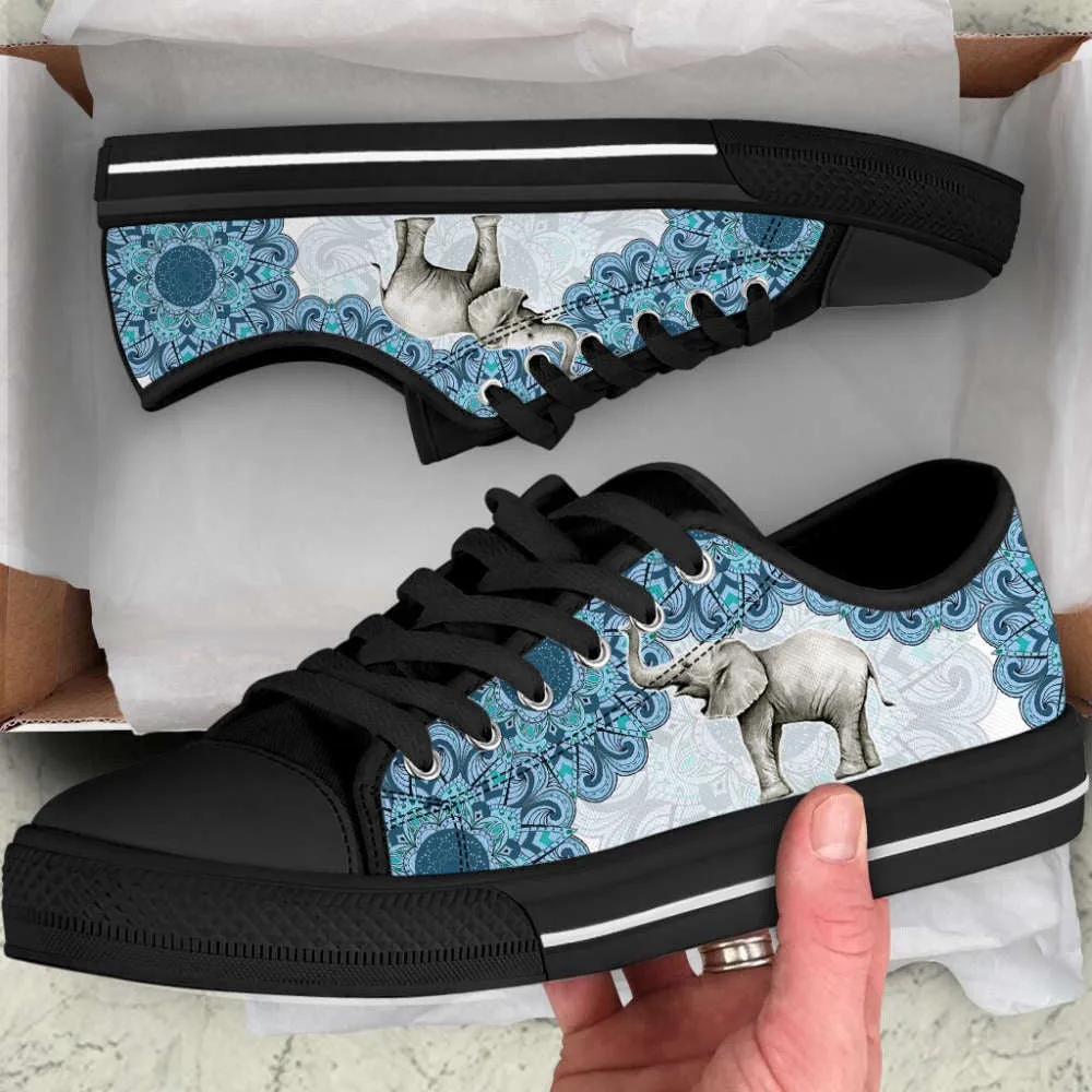 Elephant Watercolor Mandala Blue Low Top Canvas Print Shoes, Animal Print Canvas Shoes, Print On Canvas Shoes