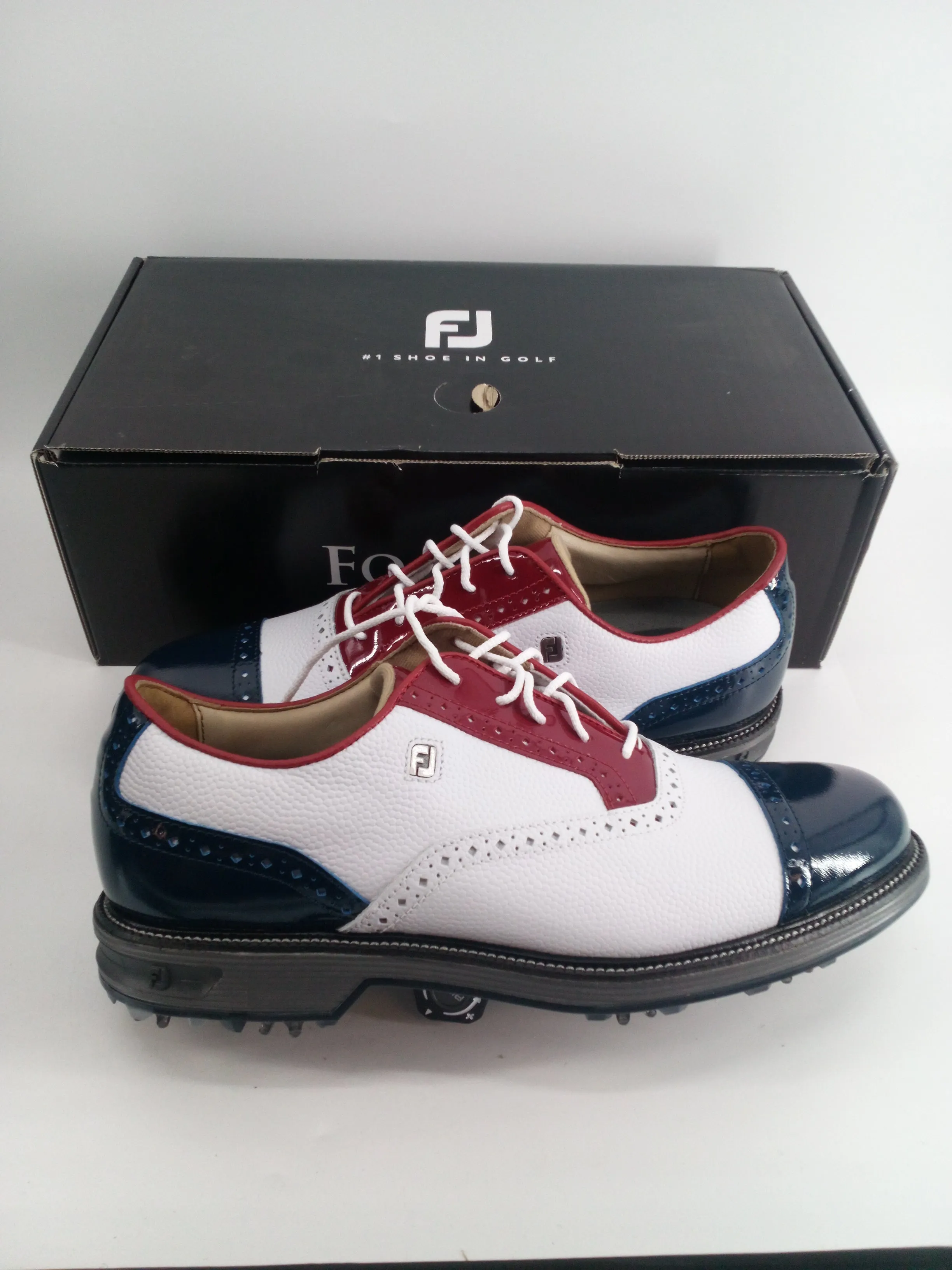 Footjoy Myjoys Premiere Series Tarlow Golf Shoes White Red Blue 8.5 M Patent