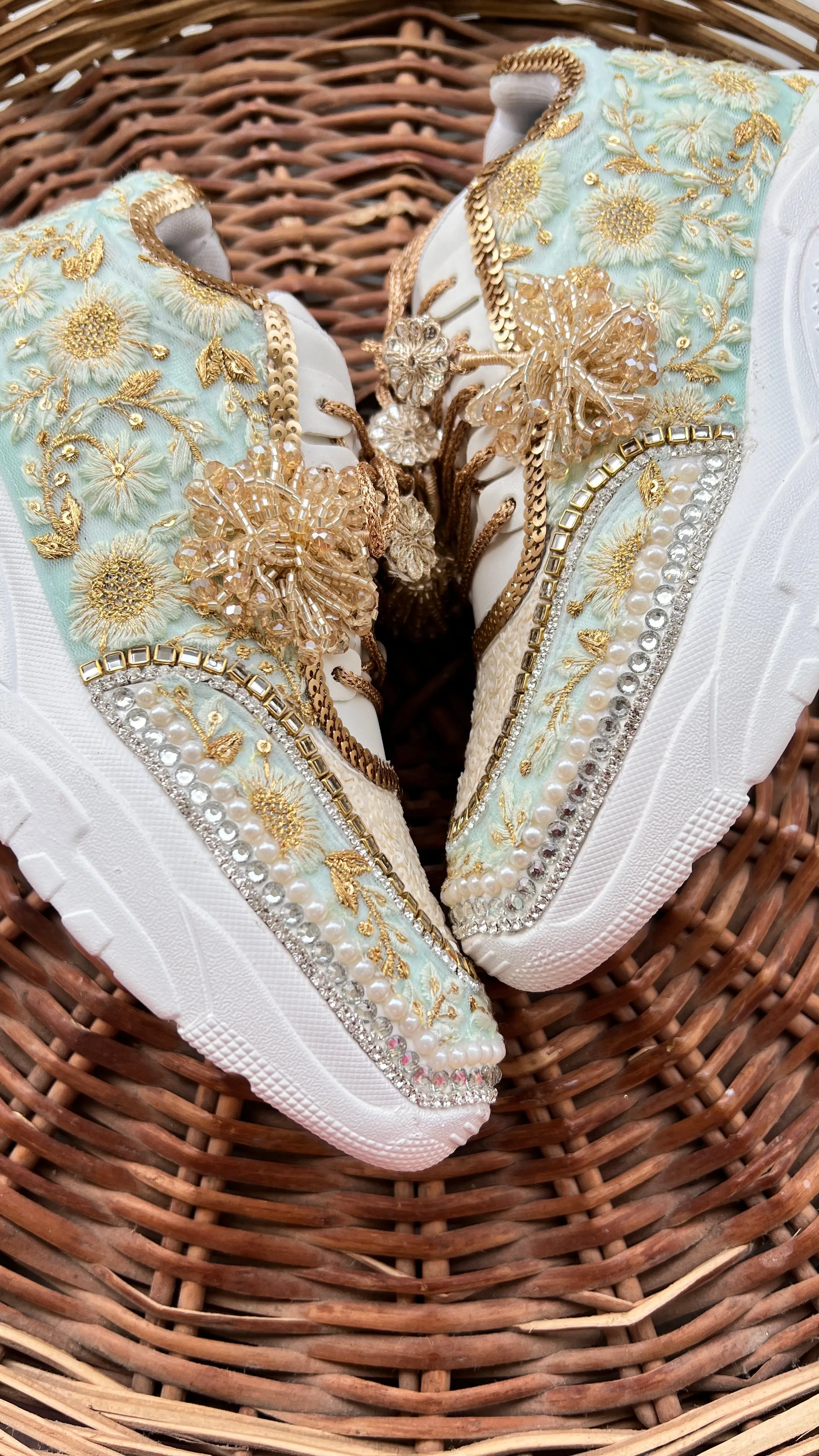 Funky N Trendy mint/ off white / ivory embroidery work bridal sneakers/ bridesmaid sneaker / hancrafted sneakers / gold sneakers / golden sneakers/ green sneakers