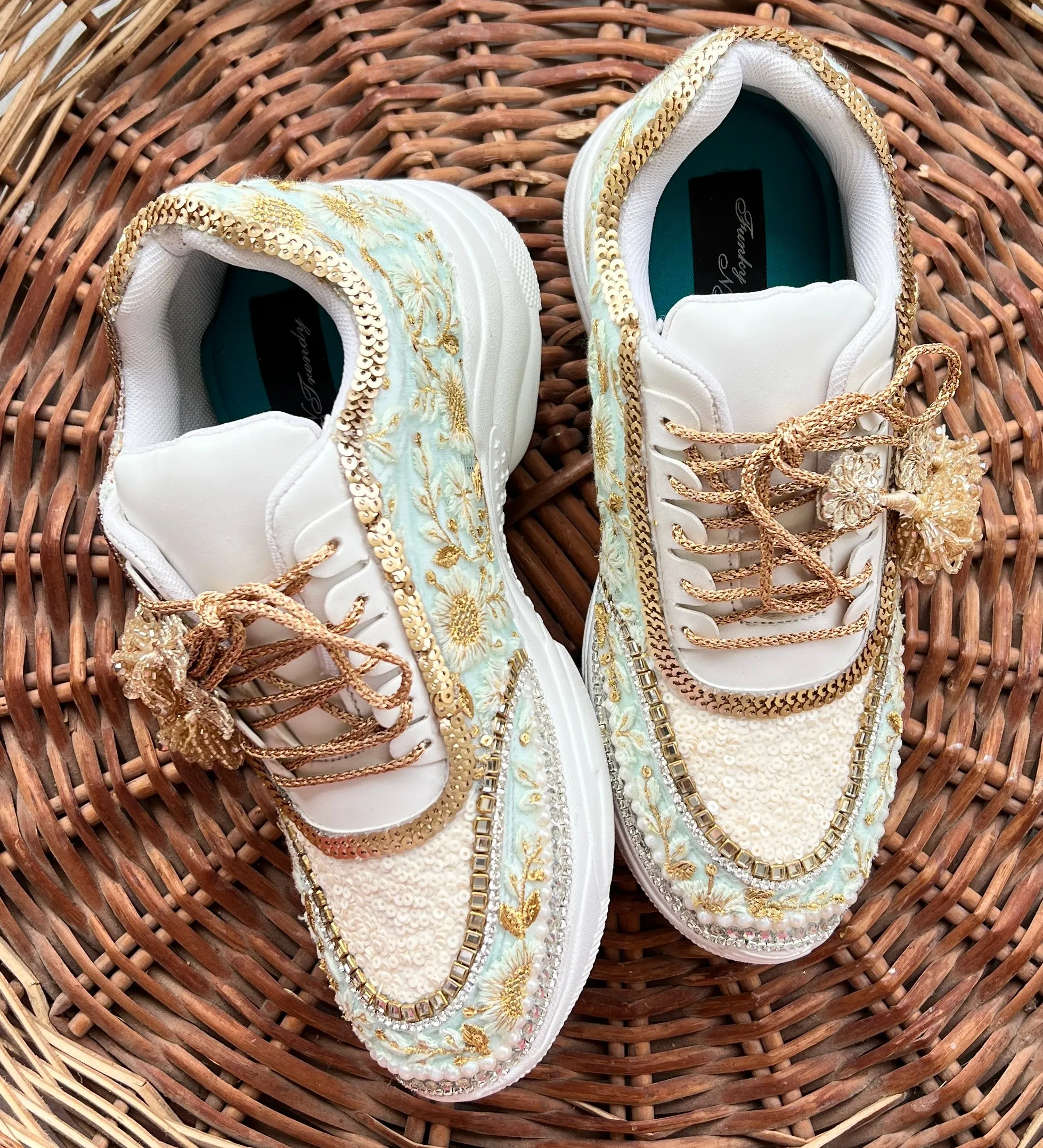 Funky N Trendy mint/ off white / ivory embroidery work bridal sneakers/ bridesmaid sneaker / hancrafted sneakers / gold sneakers / golden sneakers/ green sneakers