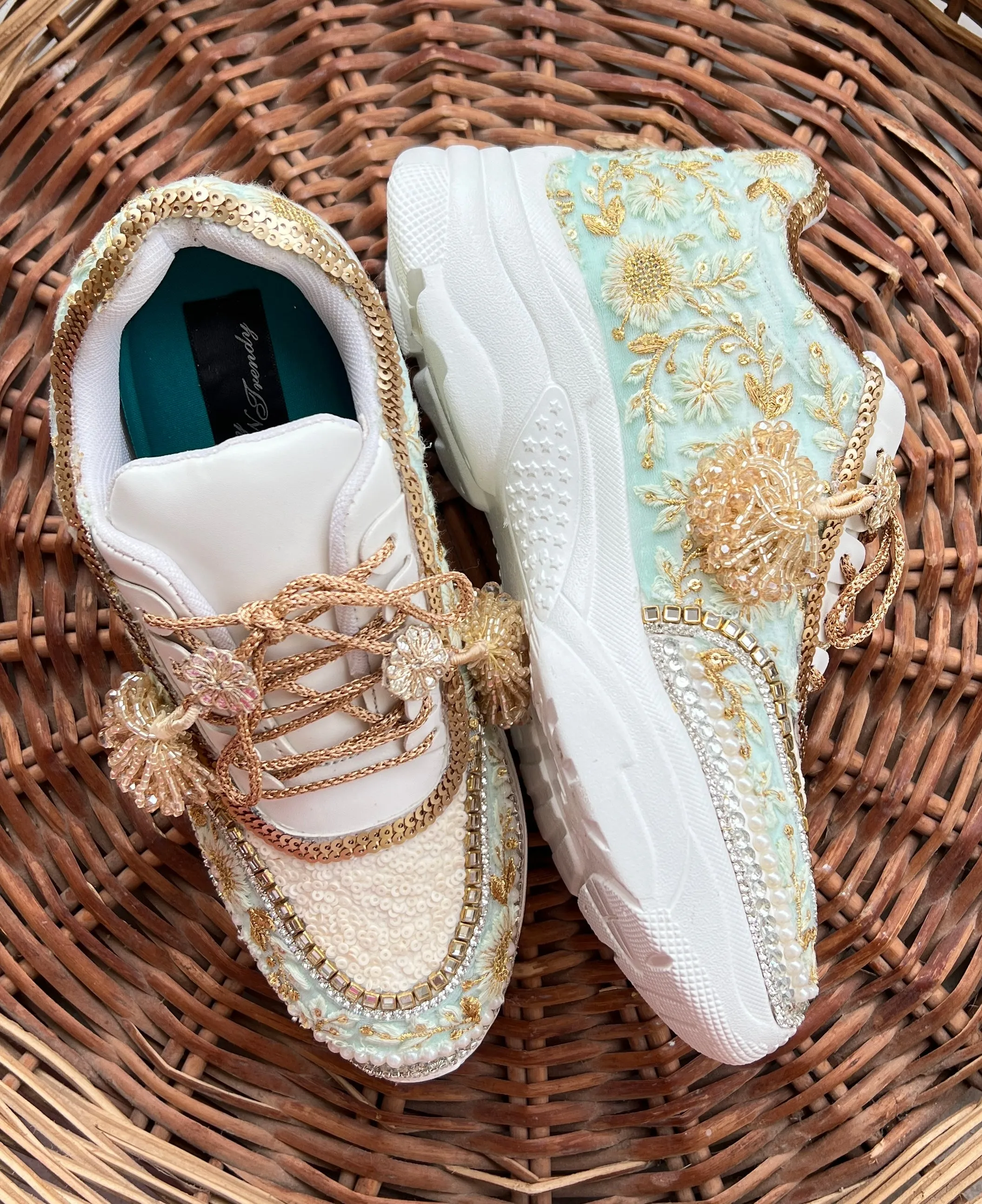 Funky N Trendy mint/ off white / ivory embroidery work bridal sneakers/ bridesmaid sneaker / hancrafted sneakers / gold sneakers / golden sneakers/ green sneakers