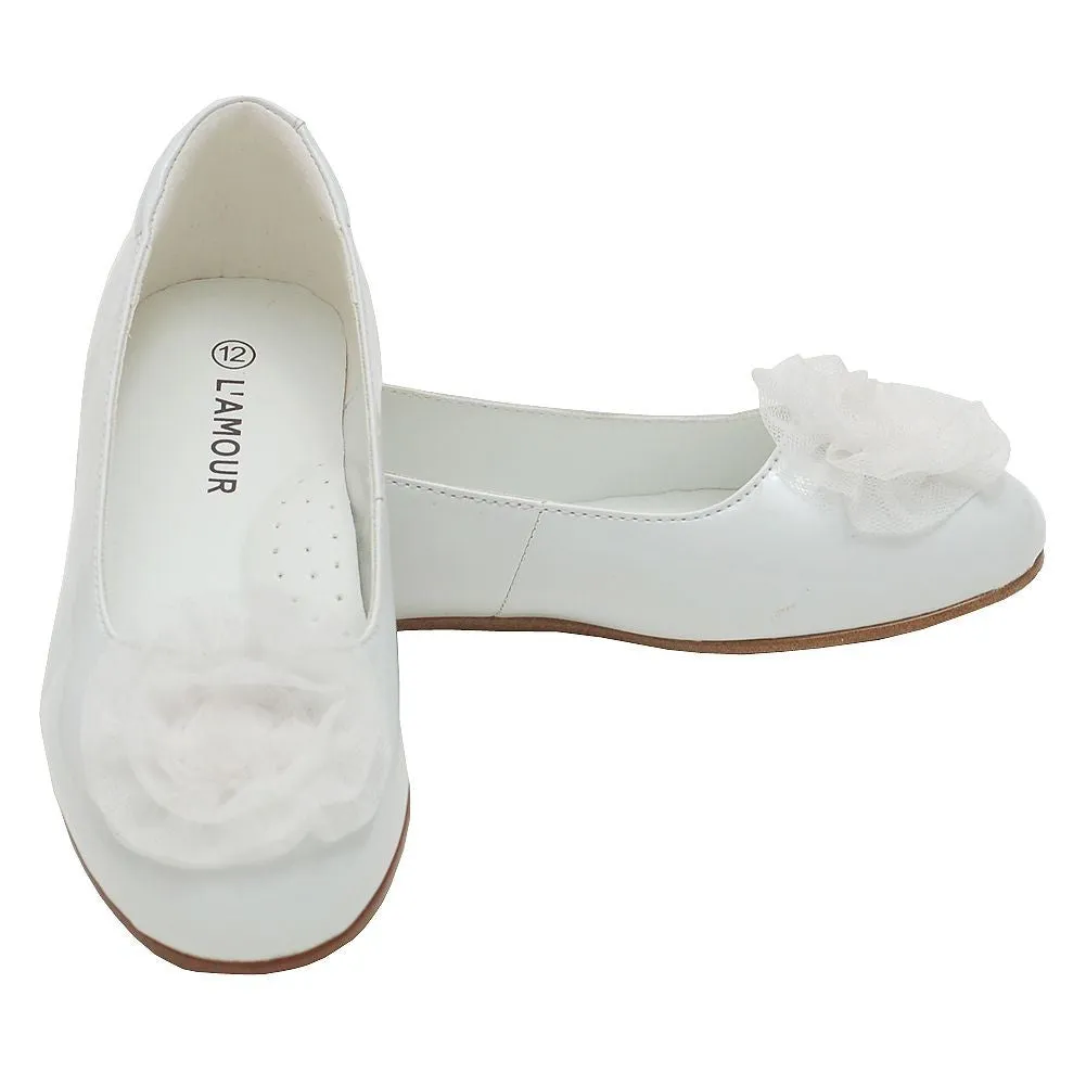 Girls White Flower Slip On Dress Shoes Toddler 5-Little Girl 4