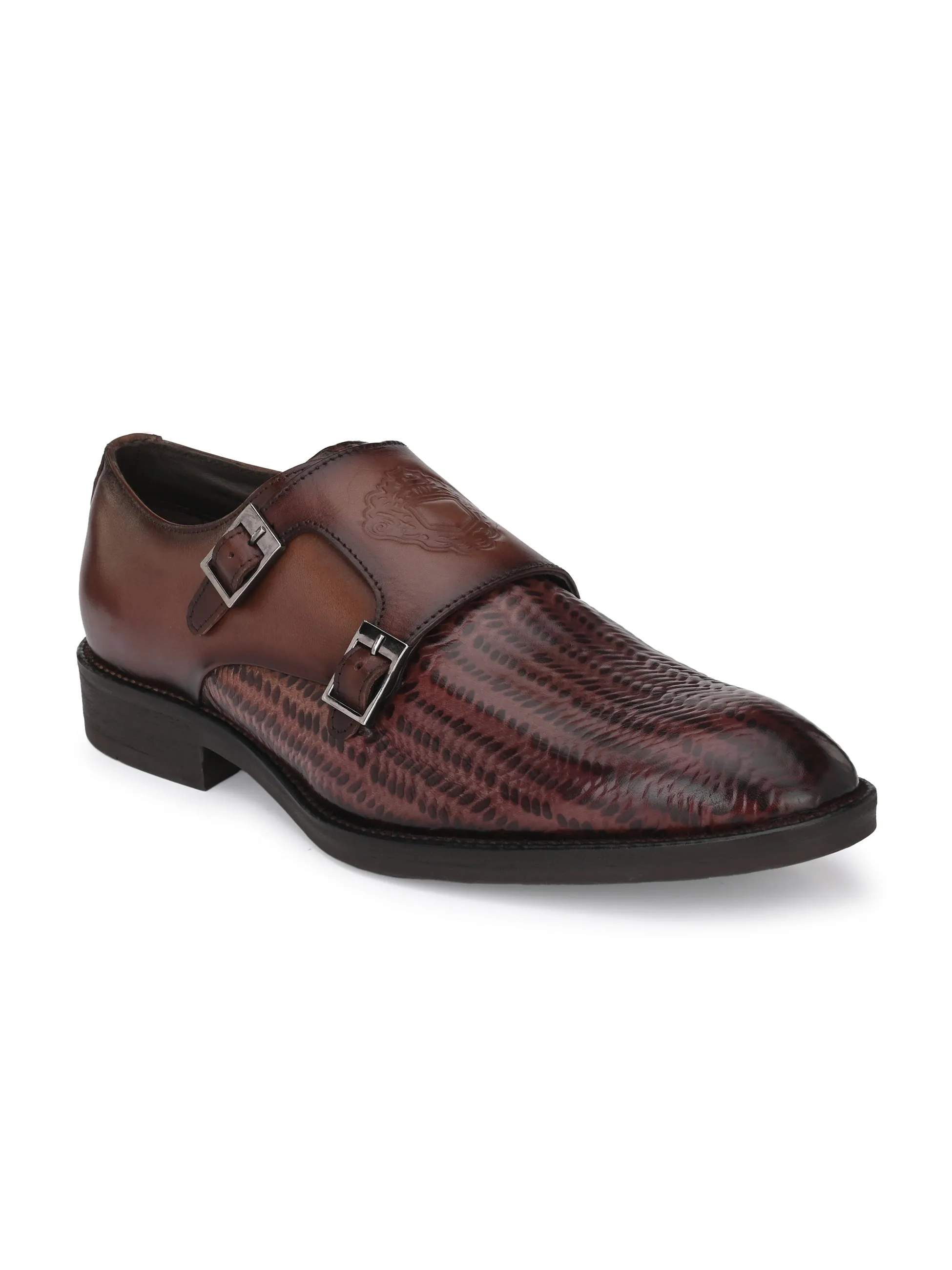 Hitz Men's Brown Leather Double Strap Monk Shoes