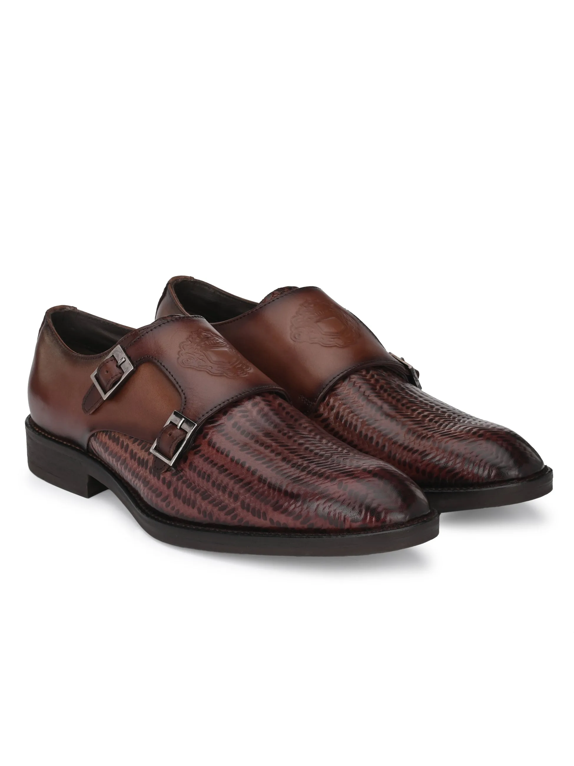 Hitz Men's Brown Leather Double Strap Monk Shoes