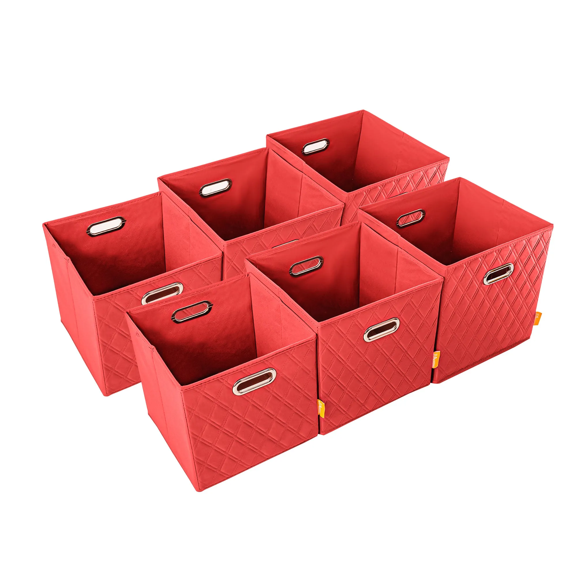 JIAessentials 12 inch Foldable Diamond Patterned Faux Leather Storage Cube Bins Set of Two with Dual Handles - 12" Red