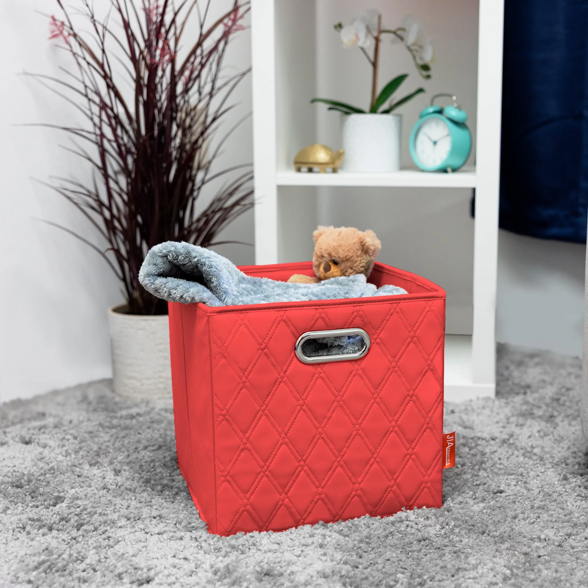 JIAessentials 12 inch Foldable Diamond Patterned Faux Leather Storage Cube Bins Set of Two with Dual Handles - 12" Red