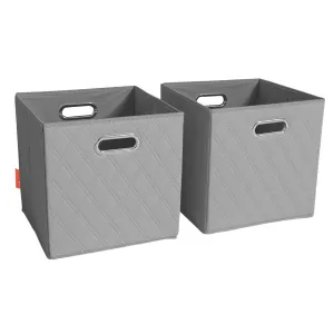 JIAessentials 13 inch Foldable Diamond Patterned Faux Leather Storage Cube Bins Set of Two with Dual Handles - 13" Gray