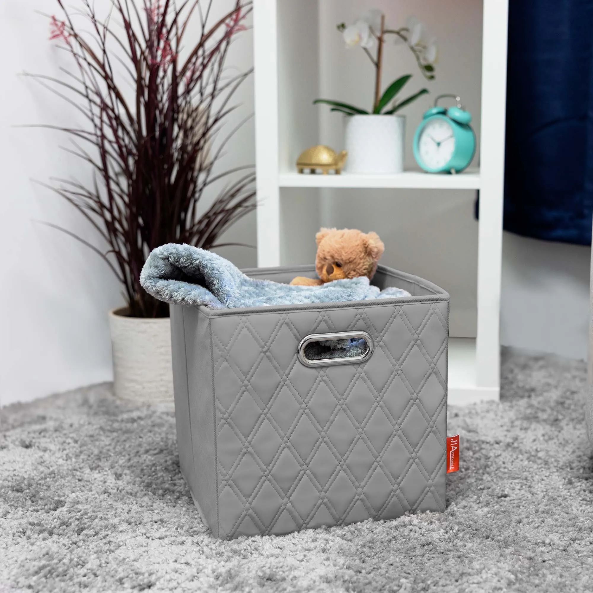 JIAessentials 13 inch Foldable Diamond Patterned Faux Leather Storage Cube Bins Set of Two with Dual Handles - 13" Gray