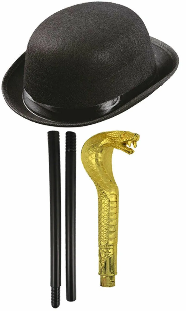 Kids Victorian Boy Fancy Dress Set - Black Bowler Hat with Gold Sceptre Snake Cane Stick