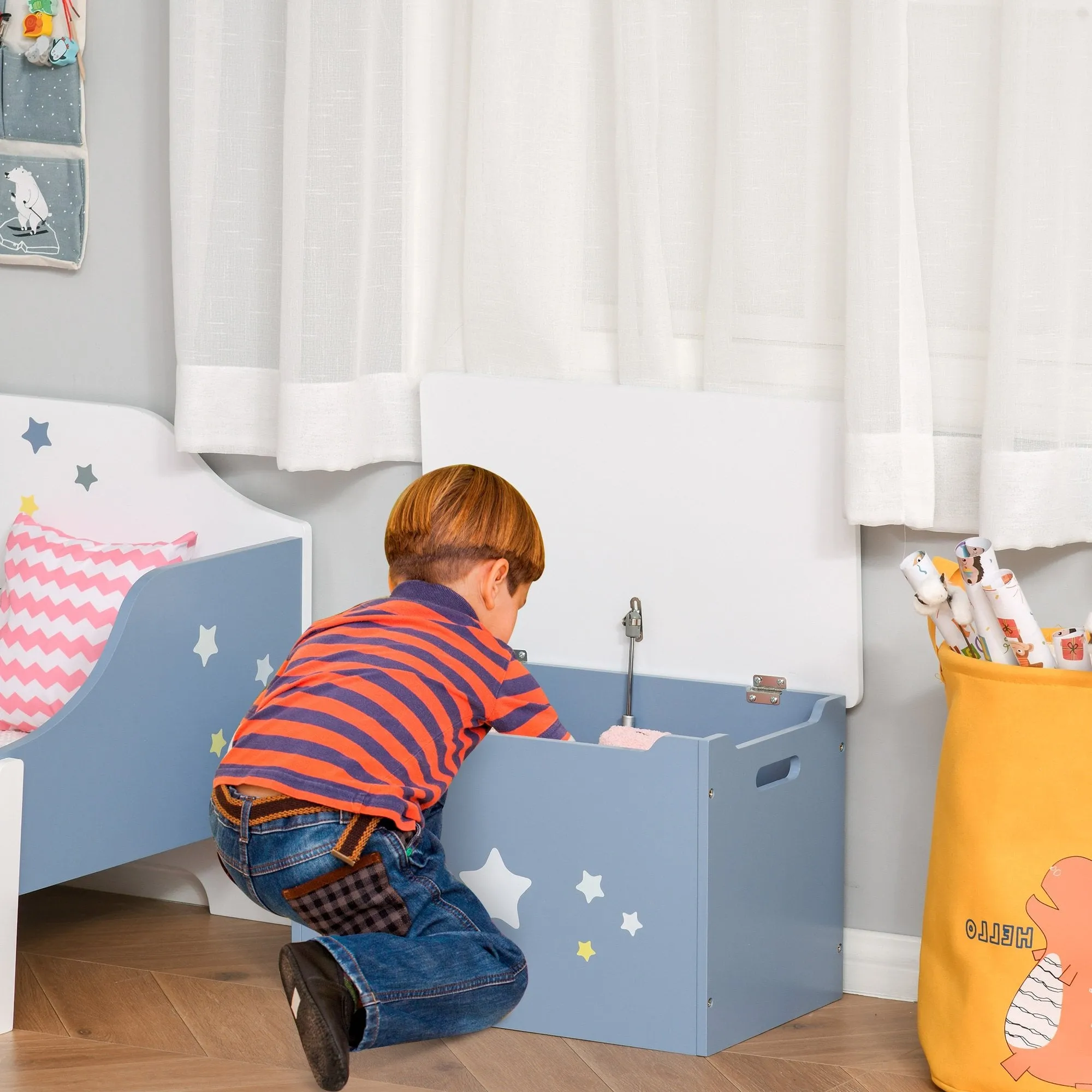 Kids Wooden Toy Storage Chest with Gas Stay Bar Safety Hinges Lid 55 x 34 x 35.5cm Blue w/