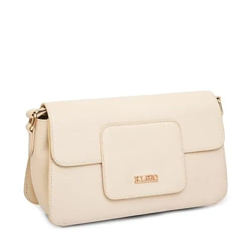 KLEIO Vegan Leather Box-Shaped Monochromatic Handbag for Women (Cream) with Magnetic Closure