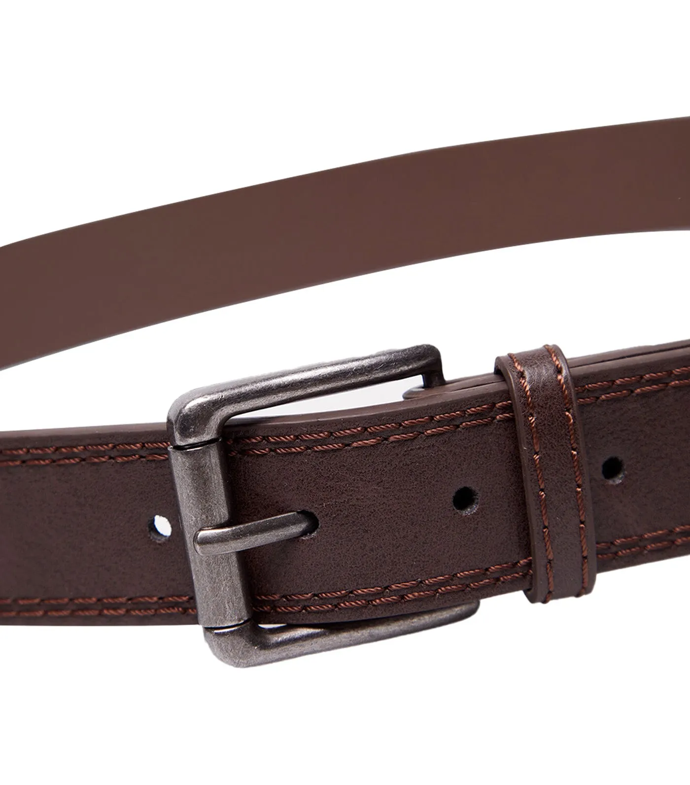 Leather Effect Belt with Stitching Dark Brown