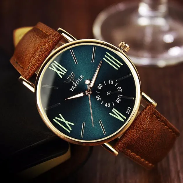 Luxury Fashion Leather Mens Glass Quartz Analog Wristwatch Noctilucent Watches