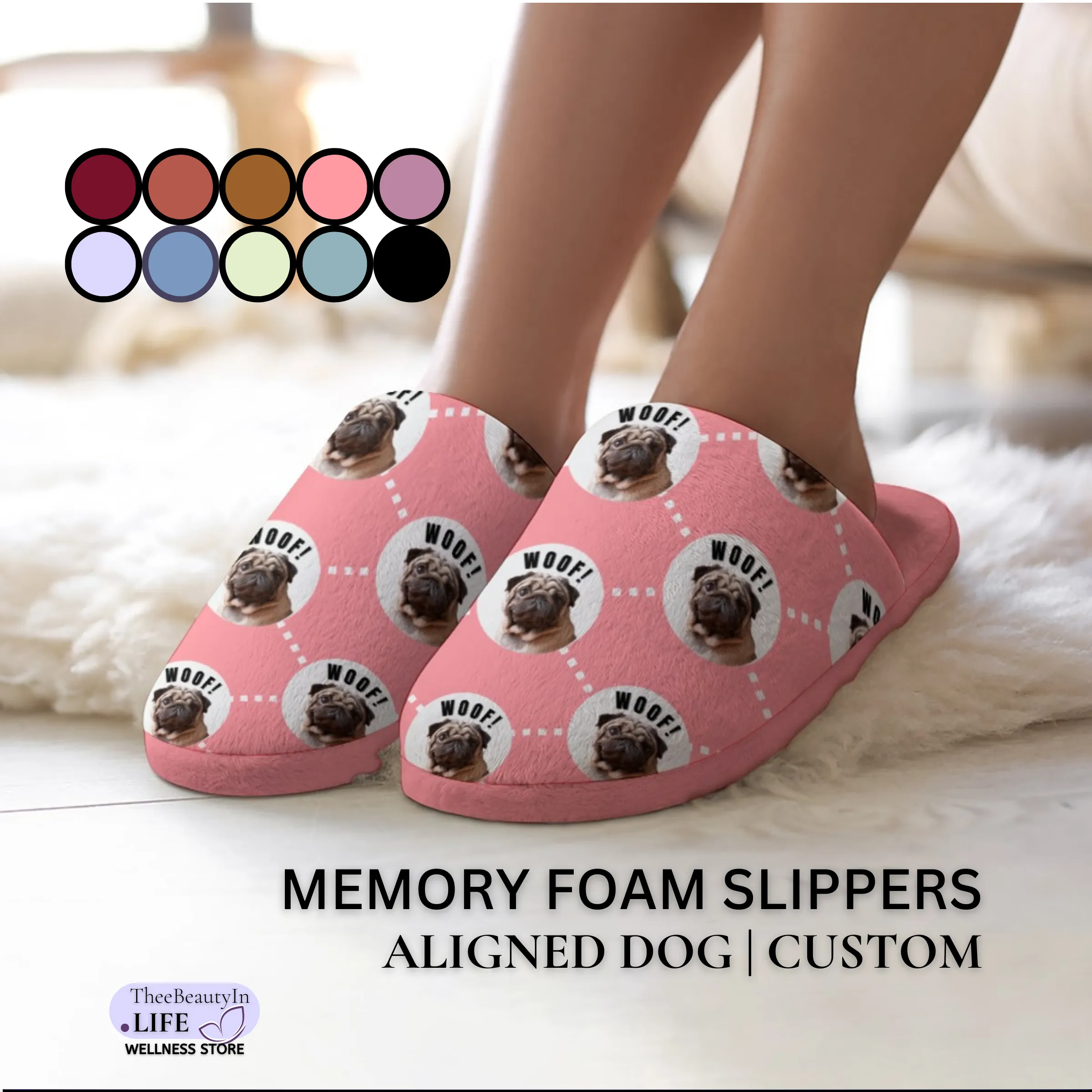 Memory Foam Slippers - Aligned Dog Custom | Pet Photo House Shoes for Dog Owners | Personalized Black Slippers | Dog Bedroom Shoes for Women | Pug Clothes | Fun Animal Slippers with Picture