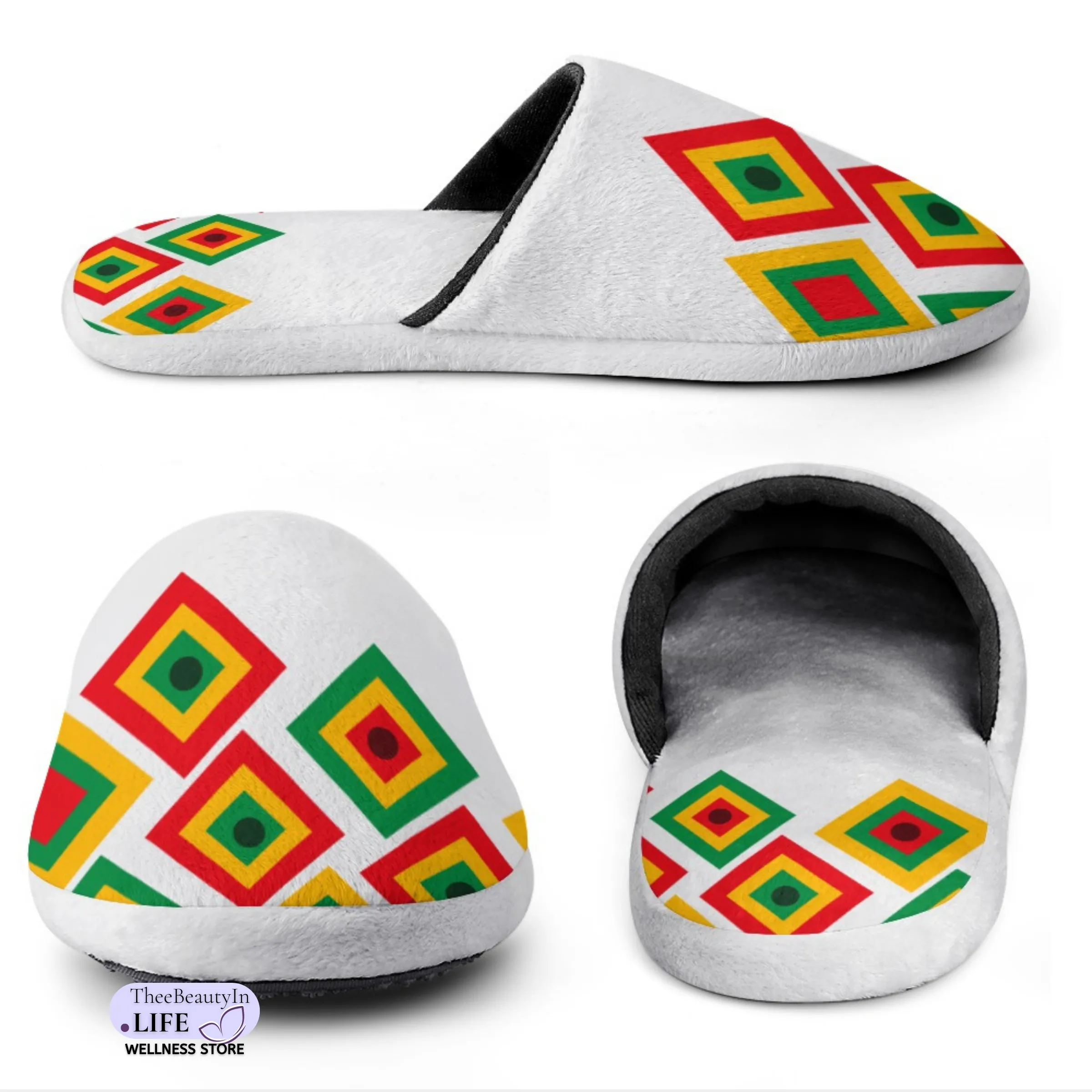 Memory Foam Slippers - Black History | Indoor Shoes for Women | Juneteenth Celebration Aesthetic House Shoes | Bedroom Shoes with Red, Green, and Gold | Cute Slippers with Abstract Diamond Pattern