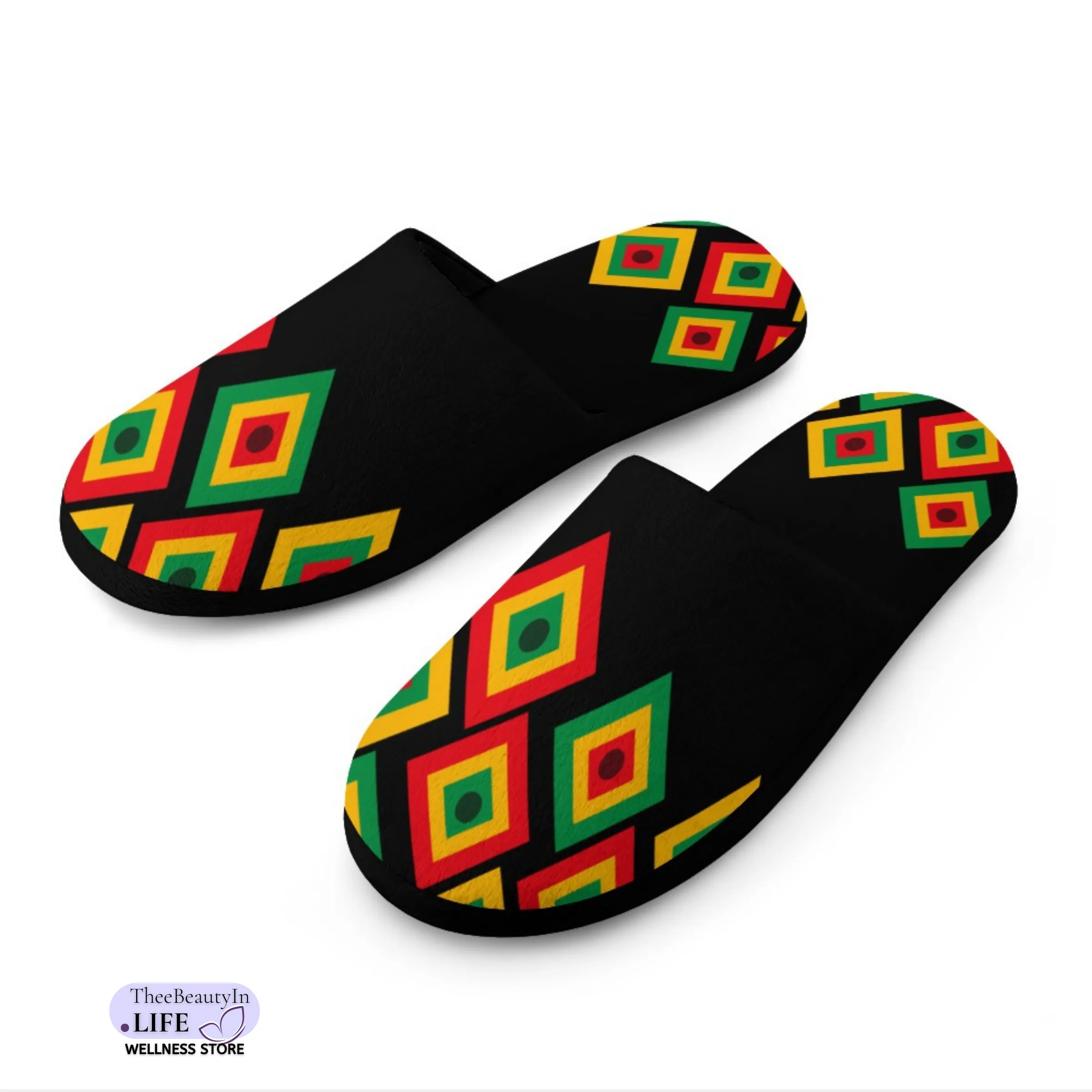 Memory Foam Slippers - Black History | Indoor Shoes for Women | Juneteenth Celebration Aesthetic House Shoes | Bedroom Shoes with Red, Green, and Gold | Cute Slippers with Abstract Diamond Pattern