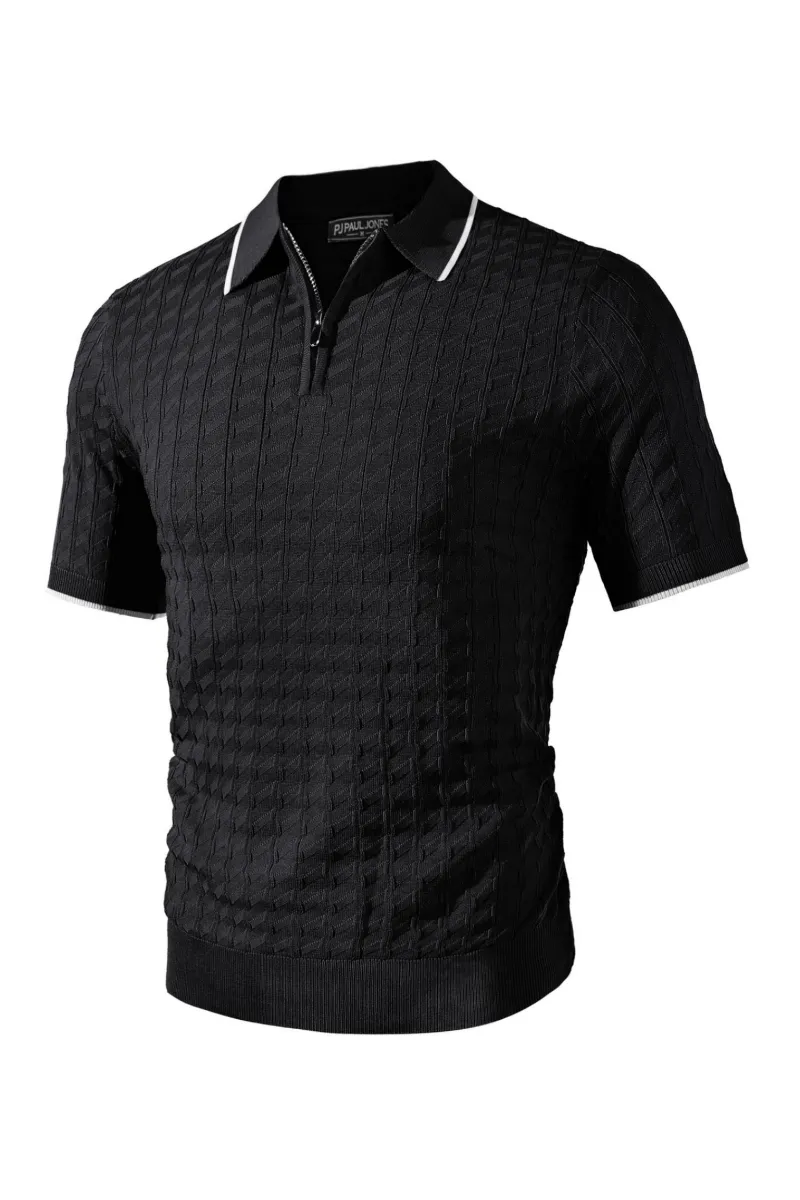 Men Stylish Lapel Collar Knitwear Short Sleeve Zip-up Neck Knitted Shirts