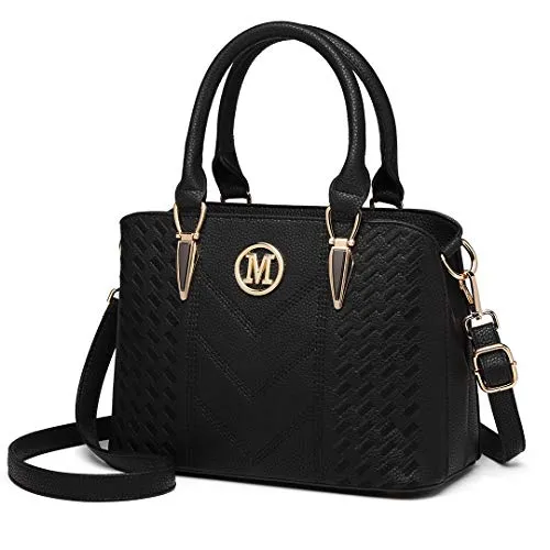 Miss Lulu Women Top Handle Bag Woven pattern and Chevron Shoulder Bag Front M Logo Handbags